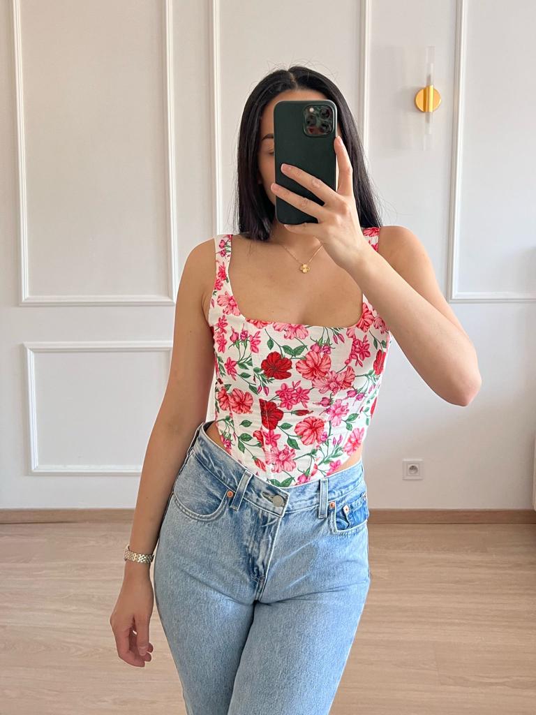 BONNIE - RED FLOWER CORSET TOP